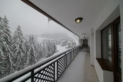 a balcony with a view of snow covered trees at Colors of Nature in Stylish Flat in Pamporovo by Flat Mаnager in Pamporovo