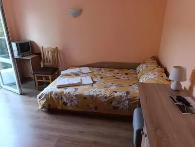 a small bedroom with a bed and a desk with a desk at Винарна-Славовица in Kalugerovo