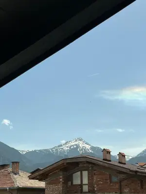 a view from the window of a house with snow covered mountains at Bashtin Dom - Skabrin House in Bansko