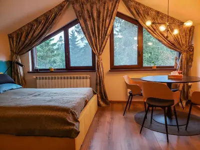 a bedroom with a bed and a table and chairs at Borovets Forest view (A56) in Borovets