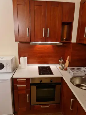 a kitchen with wooden cabinets and a stove top oven at Vesta Boutique Apartment in Bansko