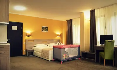 a bedroom with a bed and a desk and a television at Hotel Niken in Pamporovo
