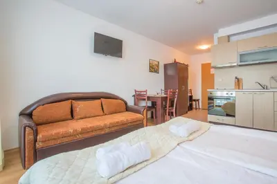 a living room with a bed and a couch at Bright Studio in a Spacious Complex in the Valley by Flat Mаnager in Bansko
