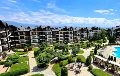 an aerial view of an apartment complex with a garden at Bright Studio in a Spacious Complex in the Valley by Flat Mаnager in Bansko