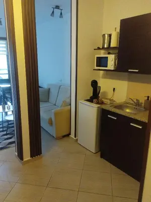 a room with a kitchen and a living room with a couch at Студио Snow day в Green life в Банско in Bansko