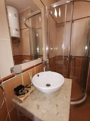 a bathroom with a sink and a shower at Cedar 42 in Bansko