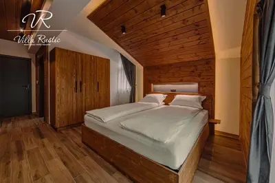 a bedroom with a large bed with a wooden wall at Вила Рустик / Villa Rustic in Kyustendil