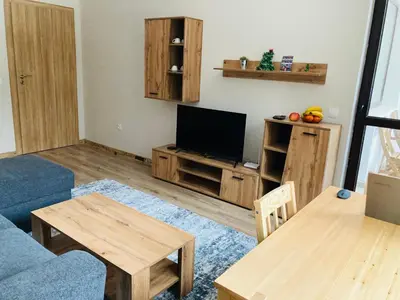 a living room with a blue couch and a television at Cactus Apartment in Borovets