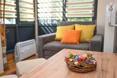a basket of flowers on a table with a couch at The White Horse Apartments in Borovets
