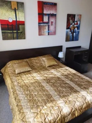 a bedroom with a bed and paintings on the wall at Spacious and Cosy Apartment in Bansko Royal Towers Complex in Bansko
