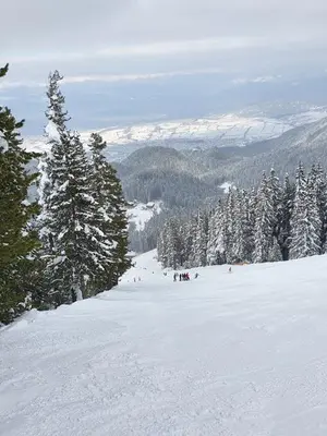 a group of people skiing down a snow covered slope at Spacious and Cosy Apartment in Bansko Royal Towers Complex in Bansko