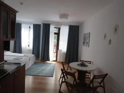a room with a bed and a table and chairs at Flora Violet Studio Apartment nr 10 in Borovets