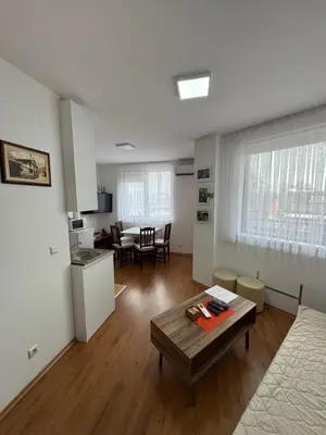 a living room with a couch and a table in it at Relax&Ski apartment in Bansko