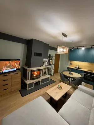 a living room with a couch and a fireplace at Apartment in Castle 1 in Pamporovo