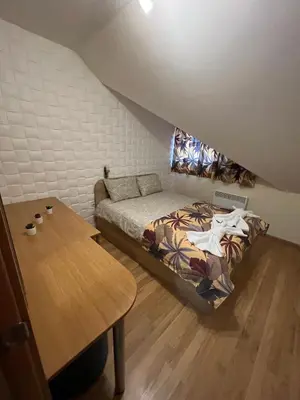 a small room with a bed and a table at Мезонет Лапландия in Pamporovo
