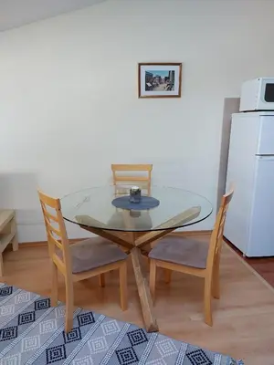 a glass table and chairs in a kitchen with a refrigerator at Studio GERONIMO in Pamporovo