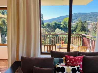 a living room with a couch and a large window at Ani's Guest House in Chepelare