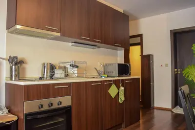 a kitchen with wooden cabinets and a stove at Dinos 2 Bed Cozy Apart at Bansko close to the lift in Bansko