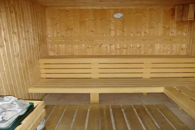 a sauna is being constructed with a wooden floor at Dinos 2 Bed Cozy Apart at Bansko close to the lift in Bansko