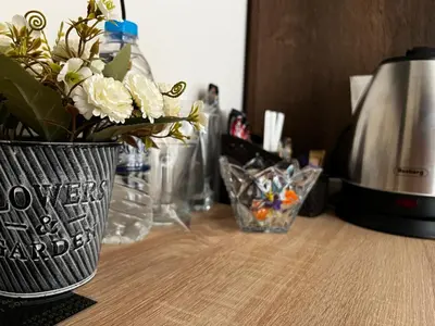 a vase filled with flowers sitting on a counter at Hotel Central in Karlovo