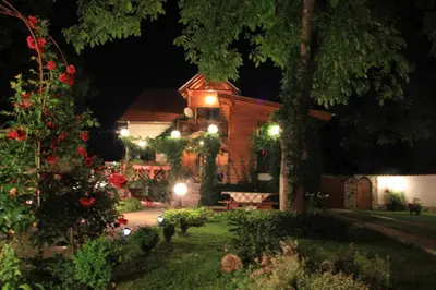 a house with lights in the yard at night at Orehite Guest House in Samokov