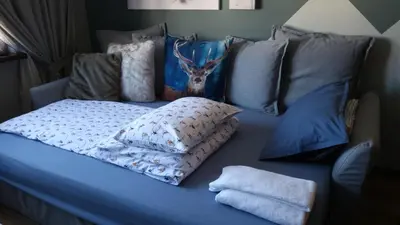 a blue couch with pillows and a deer on it at PinePino Borovets, aparthotel Borovets Gardens A60 in Borovets