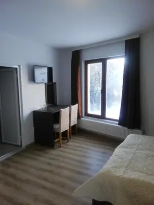 a hotel room with a desk and a window at Вила ОБЗОР in Progled