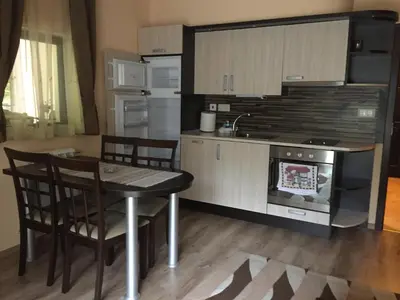 a kitchen with a dining table and a stove at Балкан вили in Ribarica