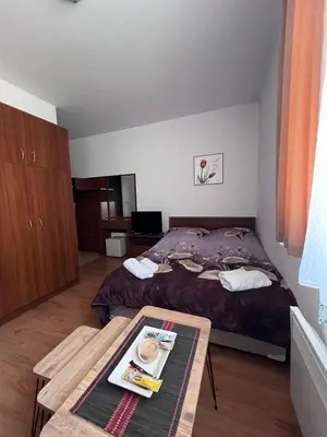 a bedroom with a bed and a table in it at Kalina Apartment's in Bansko in Bansko