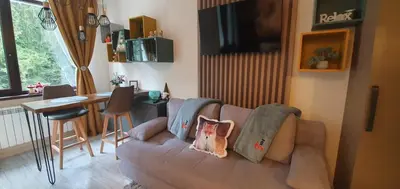 a living room with a couch with pillows on it at FOX boutique apartment Borovets Gardens in Borovets
