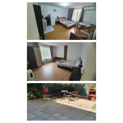 two pictures of a living room and a bedroom at Тих двустаен самостоятелен апартамент с двор,до площада на Сандански in Sandanski