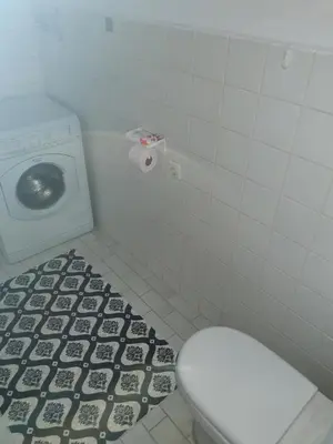 a bathroom with a toilet and a washing machine at Тих двустаен самостоятелен апартамент с двор,до площада на Сандански in Sandanski