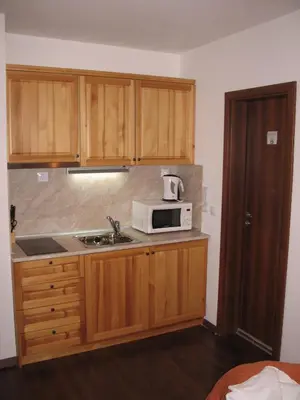 a kitchen with wooden cabinets and a microwave on the counter at Winslow Infinity Aparthotel in Bansko
