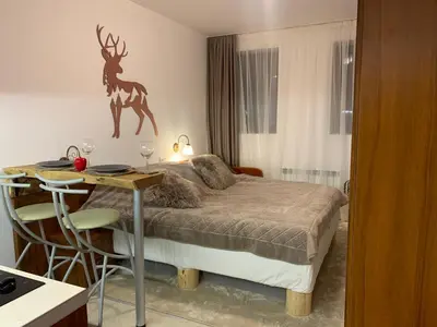 a bedroom with a bed and a table with a deer on the wall at Bansko Ski To Door Studio De Luxe in Bansko