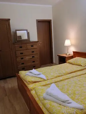 a bedroom with two beds and a dresser and a mirror at Kolimechkov Apartments Borovets in Borovets