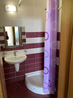 a bathroom with a sink and a shower curtain at GrandView Apartment Grand Monastery in Pamporovo