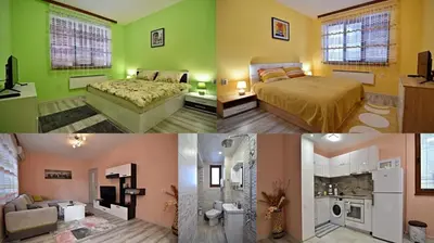 a collage of three pictures of a bedroom at Апартамент Фреш in Velingrad