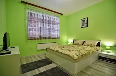 a green bedroom with a bed and a window at Апартамент Фреш in Velingrad