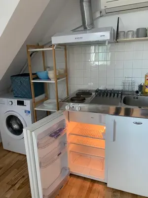 a kitchen with an open refrigerator and a sink at Minimalist Apartment in Sofia