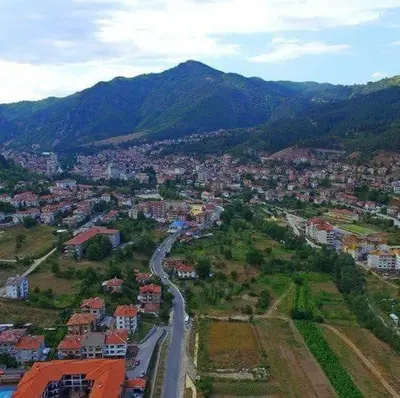 an aerial view of a city with a road at Къща Чолаков и син - стаи за гости in Devin