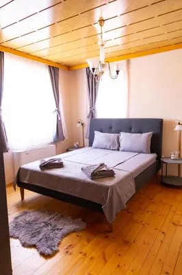 a bedroom with a large bed in a room with windows at Guesthouse Gaby in Sapareva Banya