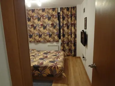 a room with a bed and a curtain and a door at Deluxe Apartments in Pamporovo