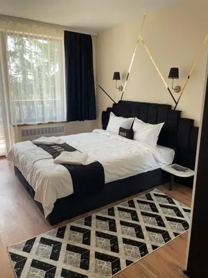 a bedroom with a large bed and a rug at Complex Nero in Pamporovo