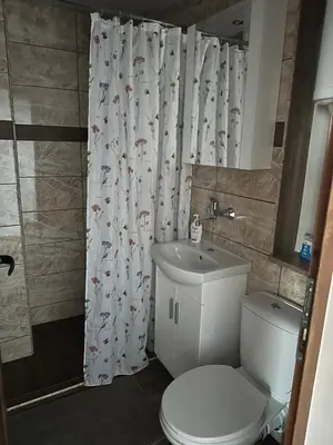 a bathroom with a toilet and a shower curtain at Rose in Karlovo