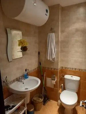 a bathroom with a white toilet and a sink at Bansko All Seasons - Cozy Apartments Near Gondola & Mountain Views in Bansko