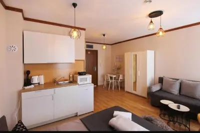 a kitchen and a living room with a couch and a table at Luxury Suite Ivana in Bansko