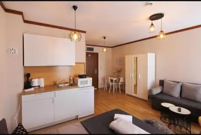 a kitchen and a living room with a couch and a table at Luxury Suite Ivana in Bansko