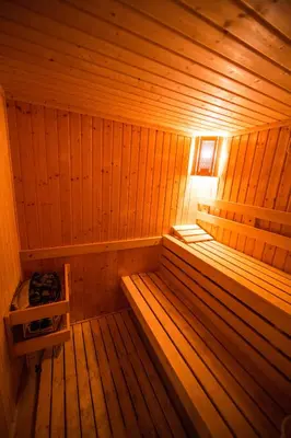 an inside of a wooden sauna with a light at Панорама хаус Лещен и еко къщи Дървена и Землянка in Leshten