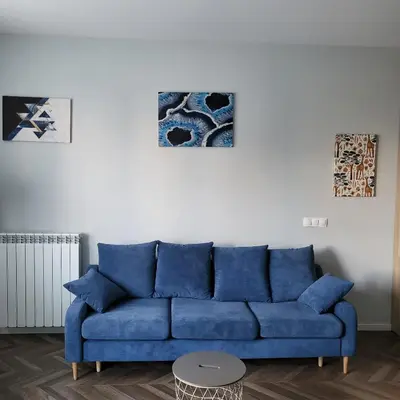 a blue couch in a living room with two paintings at New luxury apartment next to subway with garage in Sofia