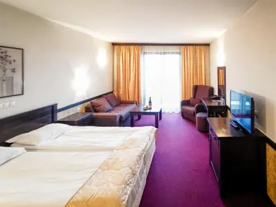 a hotel room with a large bed and a living room at Trinity Residence Bansko with Free Shuttle to Gondola in Bansko